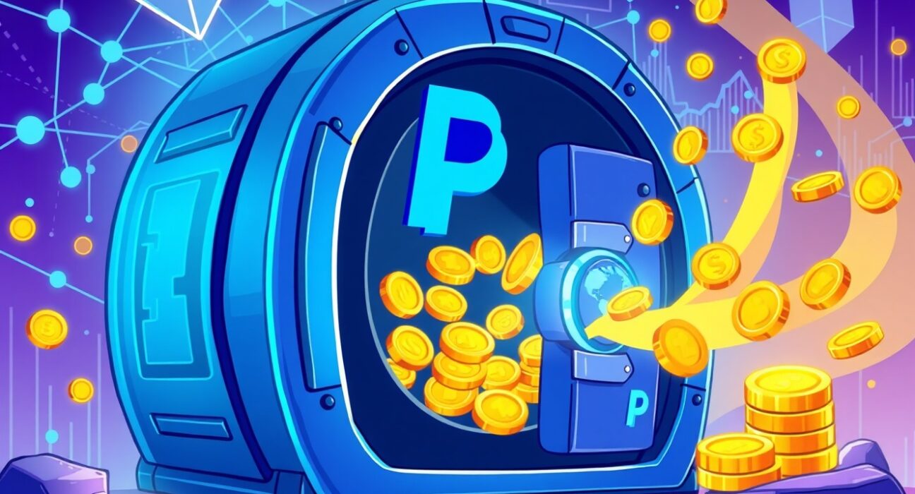 PayPal's PYUSD Savings Vault cartoon illustration showing digital coins flowing into a secure DeFi vault.