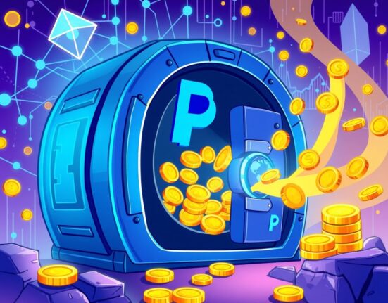 PayPal's PYUSD Savings Vault cartoon illustration showing digital coins flowing into a secure DeFi vault.