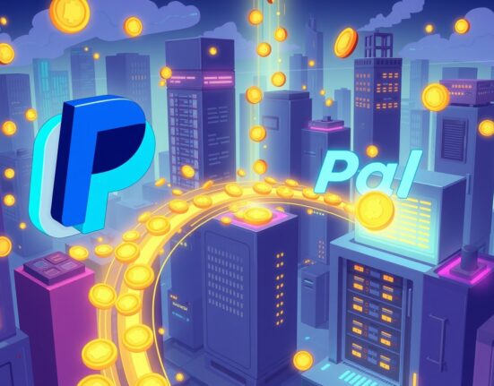 PayPal's PYUSD stablecoin flowing into artificial intelligence infrastructure in a vibrant cartoon scene.