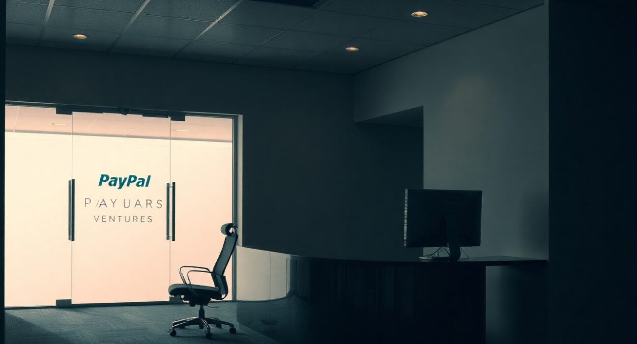 Empty office lobby of PayPal Ventures with dim lighting and a closed reception desk
