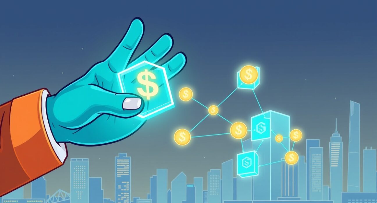 A cartoon illustration depicting PayPal Ventures' strategic investment in the Stable blockchain, highlighting the future of stablecoin payments.