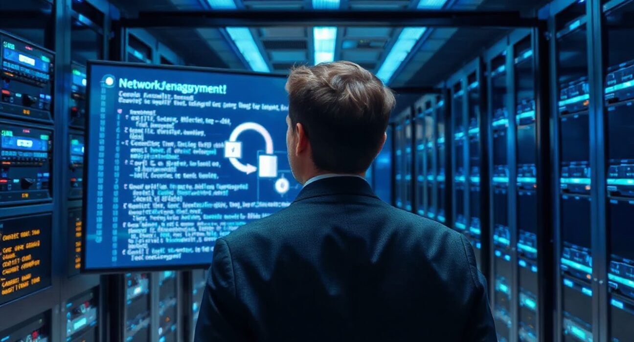 Cybersecurity analyst monitoring servers in a data center for vulnerabilities