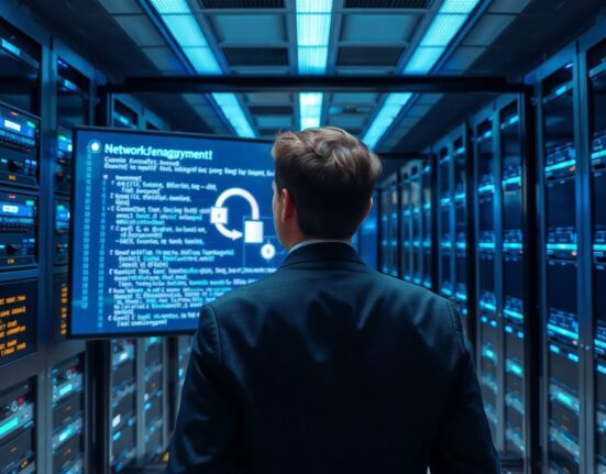 Cybersecurity analyst monitoring servers in a data center for vulnerabilities