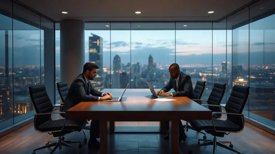 Business figures meeting in a Manhattan high-rise office, illustrating reported partnership talks between Payward and BNY.