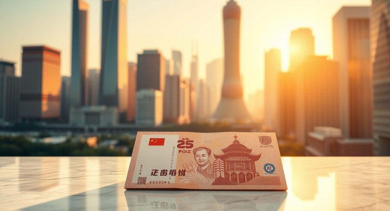 Chinese yuan banknotes on a marble surface with Shanghai financial district skyline in background