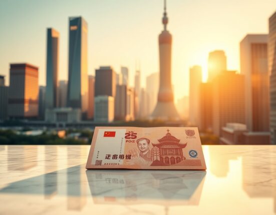Chinese yuan banknotes on a marble surface with Shanghai financial district skyline in background