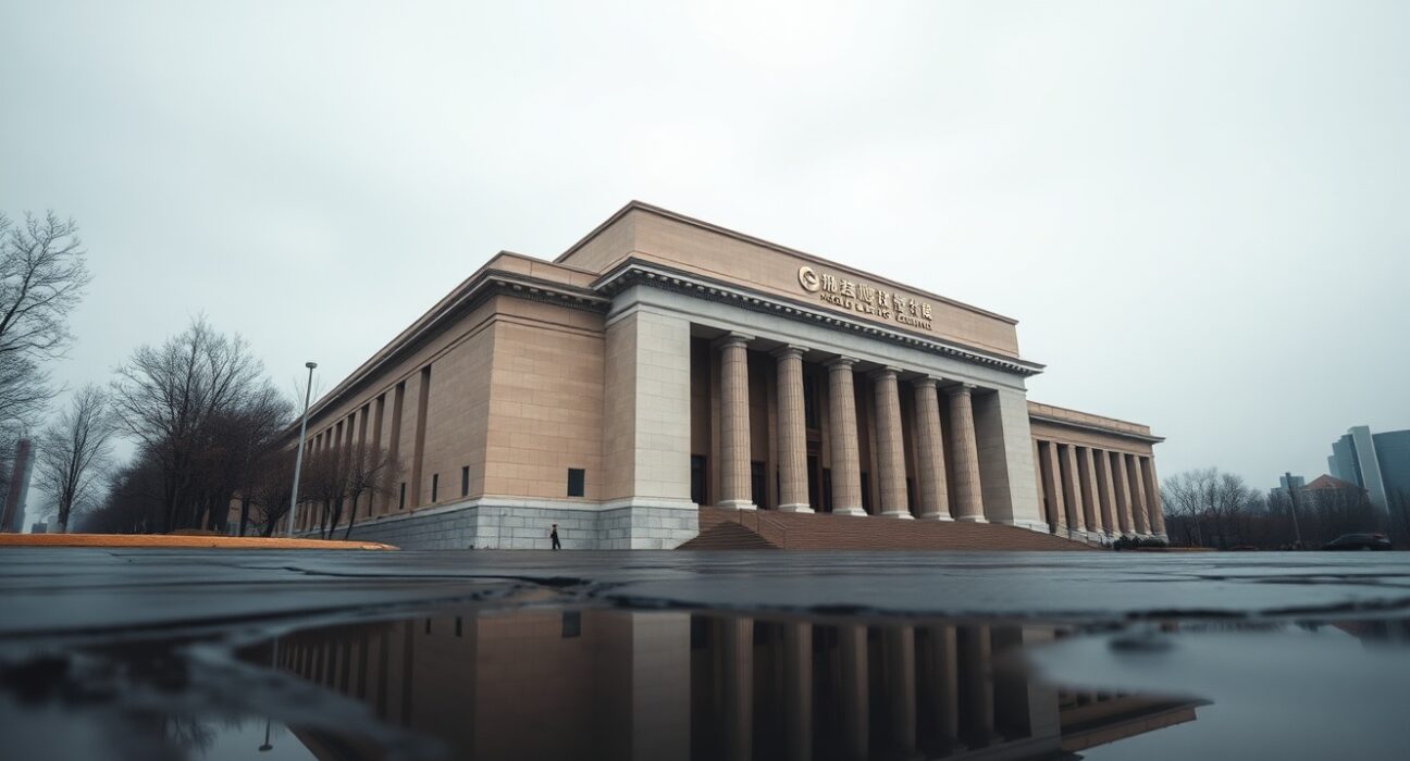 People's Bank of China headquarters building in Beijing under overcast sky.