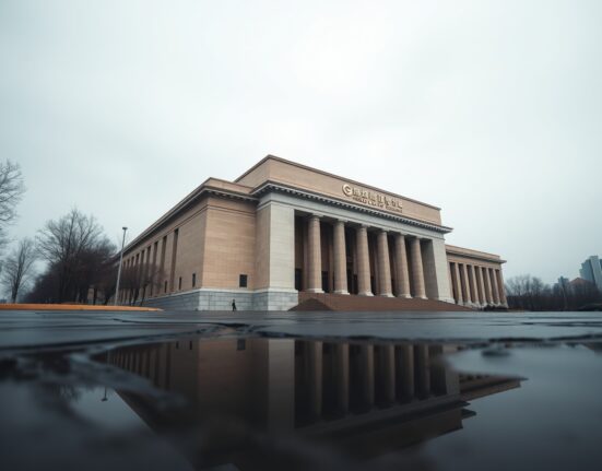People's Bank of China headquarters building in Beijing under overcast sky.