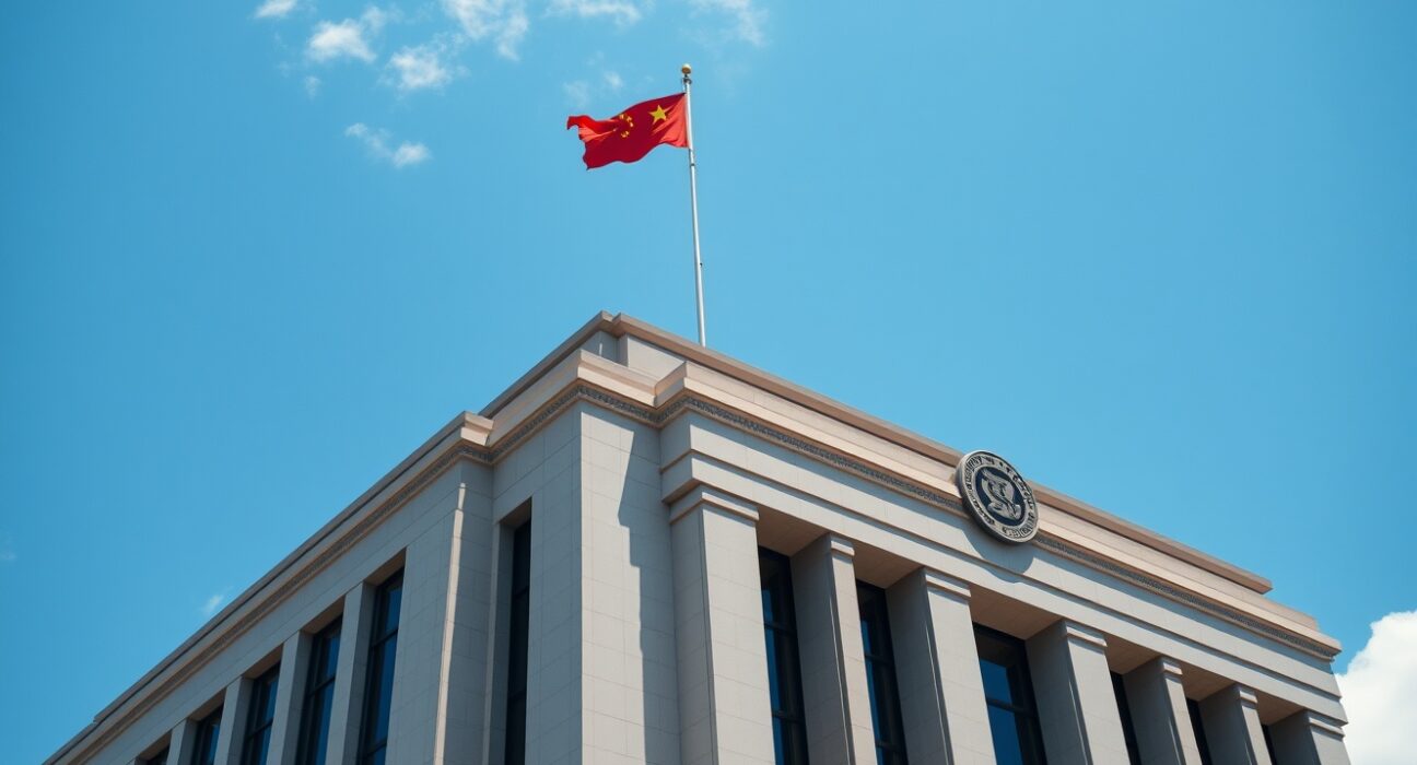 Exterior of the People's Bank of China headquarters in Beijing on a sunny day.