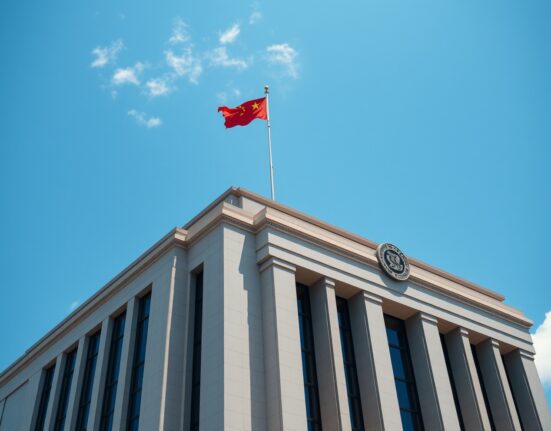 Exterior of the People's Bank of China headquarters in Beijing on a sunny day.