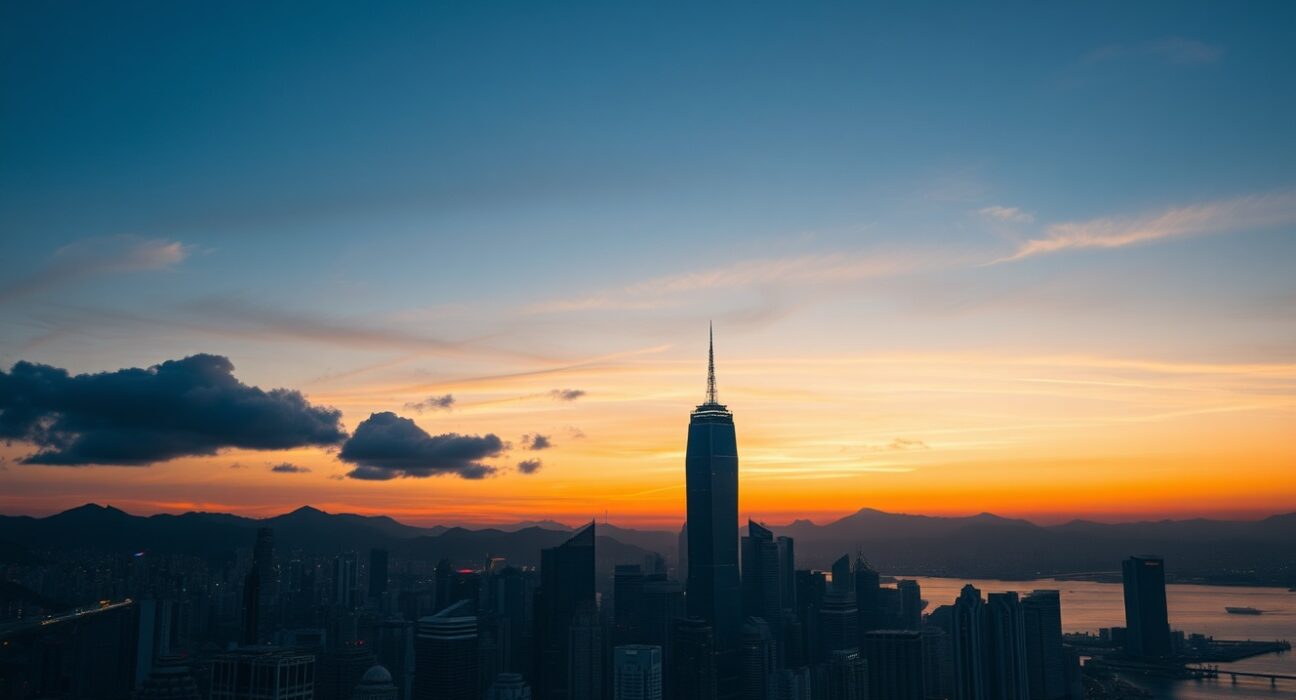Hong Kong skyline at dusk, symbolizing the city's role as a global financial hub for the Chinese yuan.