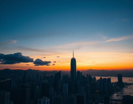 Hong Kong skyline at dusk, symbolizing the city's role as a global financial hub for the Chinese yuan.