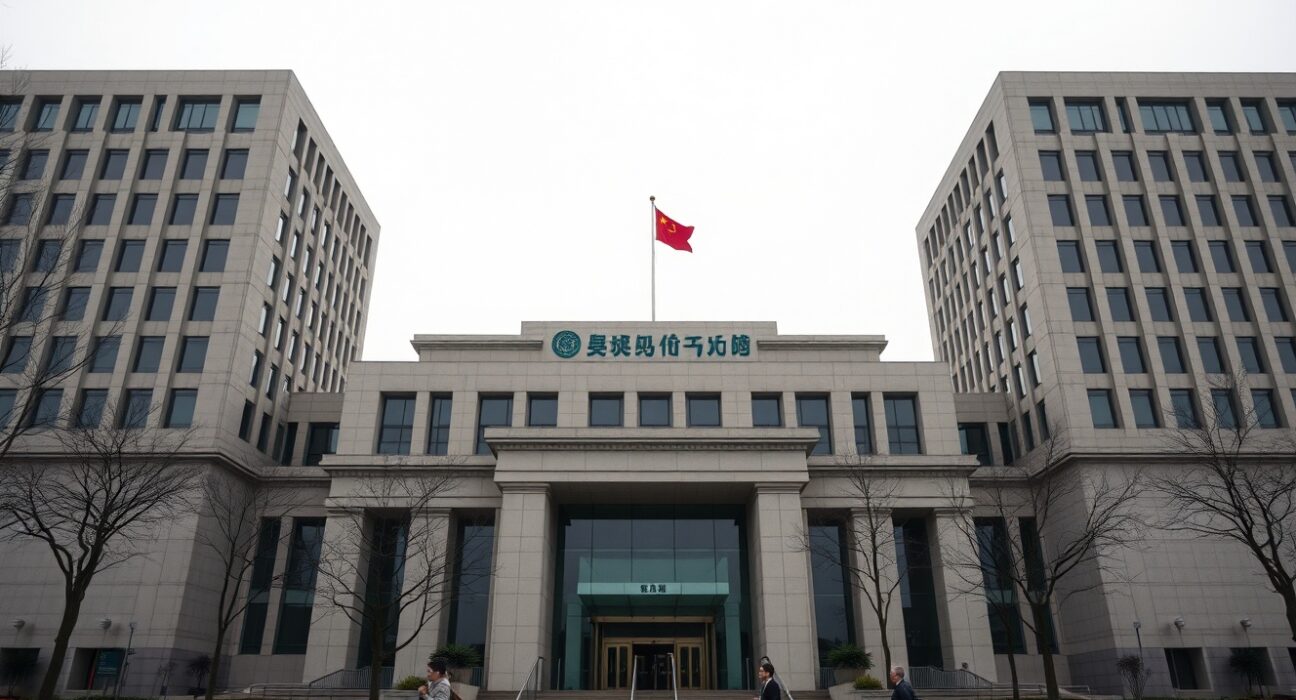Exterior of the People's Bank of China headquarters in Beijing on a cloudy day