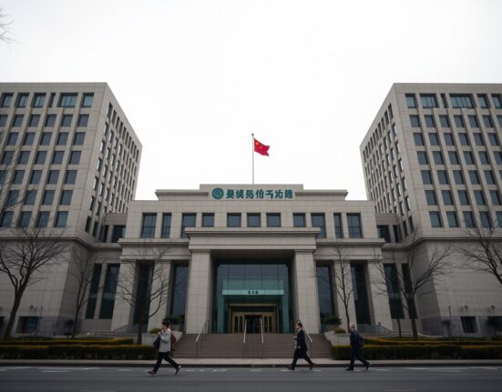Exterior of the People's Bank of China headquarters in Beijing on a cloudy day