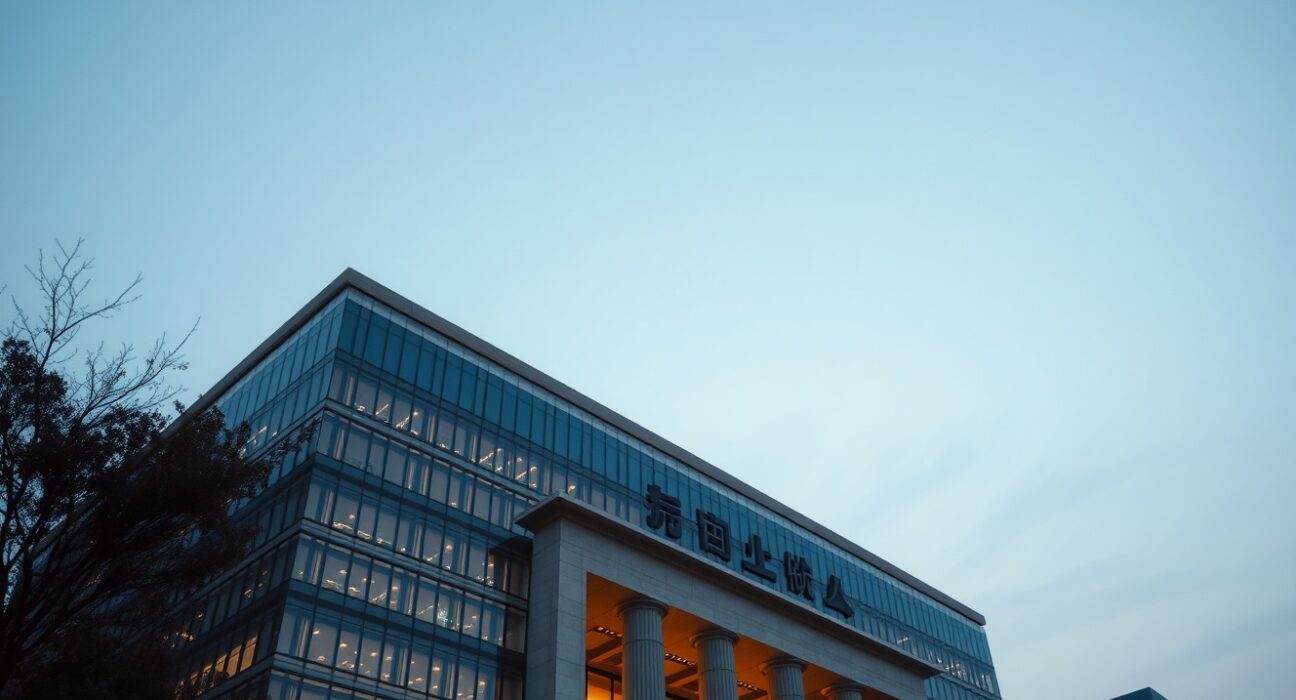 People's Bank of China headquarters at dusk with city lights