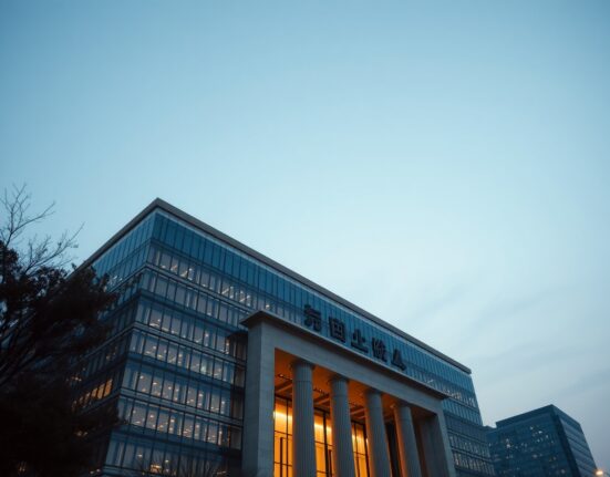 People's Bank of China headquarters at dusk with city lights