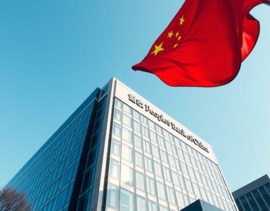 Exterior view of the People's Bank of China headquarters in Beijing on a clear day.