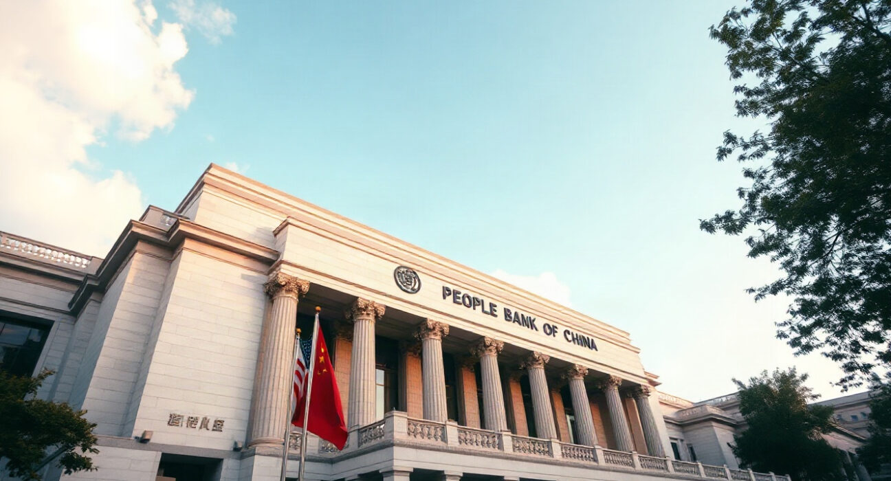 People's Bank of China headquarters in Beijing, with Chinese and American flags visible, representing the USD/CNY exchange rate.