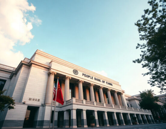 People's Bank of China headquarters in Beijing, with Chinese and American flags visible, representing the USD/CNY exchange rate.