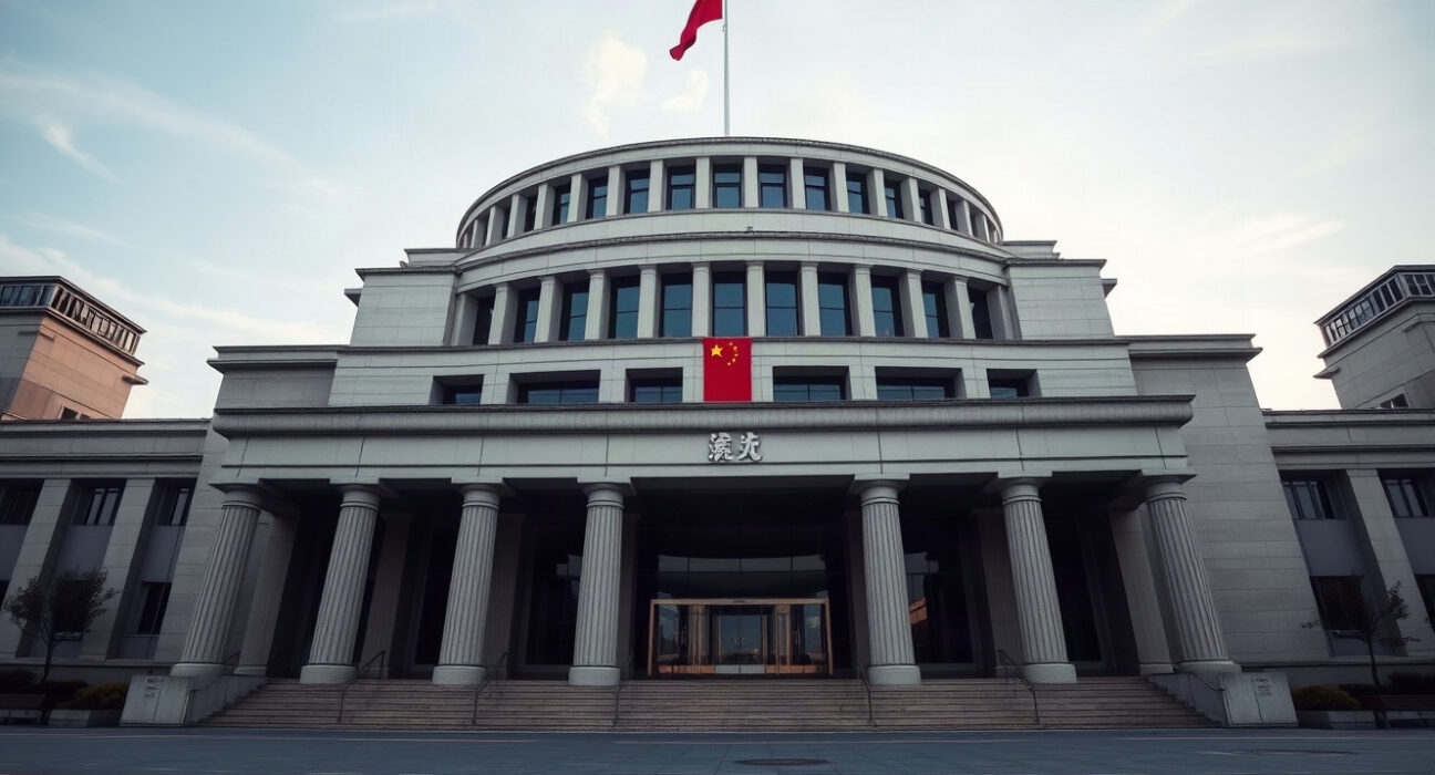 People's Bank of China headquarters in Beijing, with Chinese flag, under clear sky.