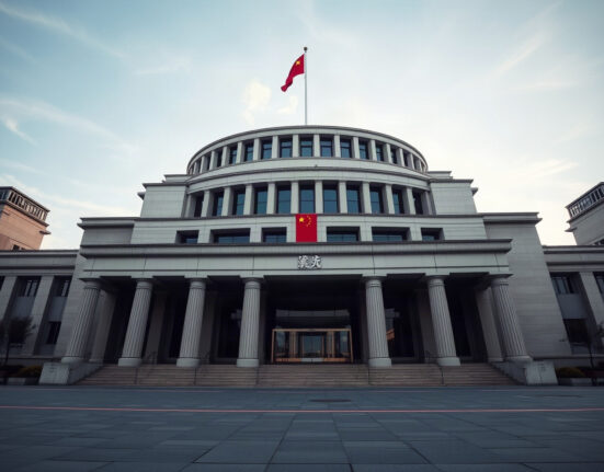 People's Bank of China headquarters in Beijing, with Chinese flag, under clear sky.