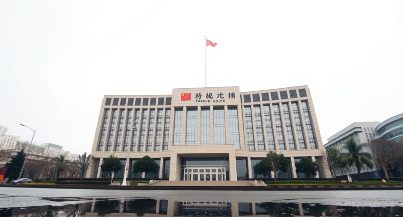 Exterior of the People's Bank of China headquarters in Beijing on a cloudy day