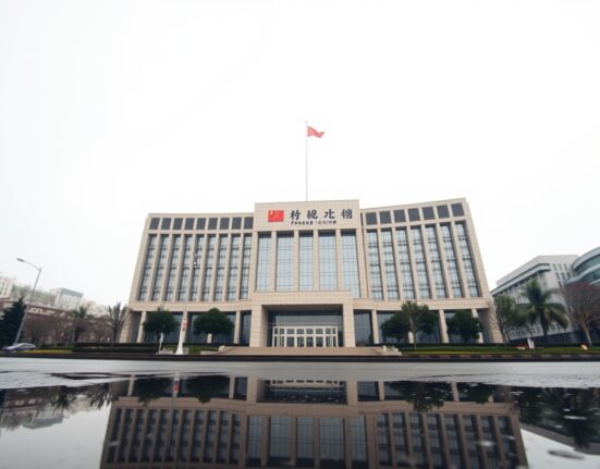Exterior of the People's Bank of China headquarters in Beijing on a cloudy day