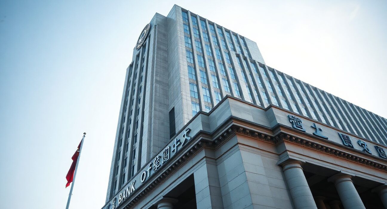 PBOC headquarters in Beijing under clear sky, representing China's central bank policy.