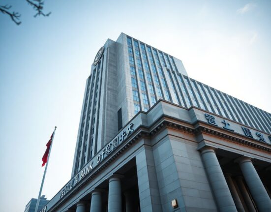 PBOC headquarters in Beijing under clear sky, representing China's central bank policy.