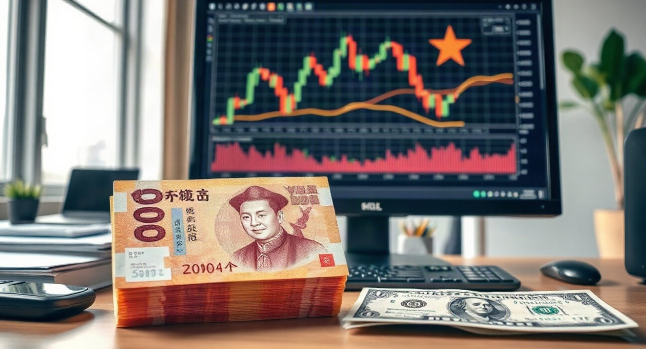 Chinese yuan banknotes and US dollars on a desk with a financial chart on a monitor, representing the USD/CNY exchange rate.