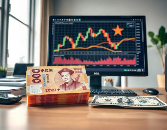 Chinese yuan banknotes and US dollars on a desk with a financial chart on a monitor, representing the USD/CNY exchange rate.