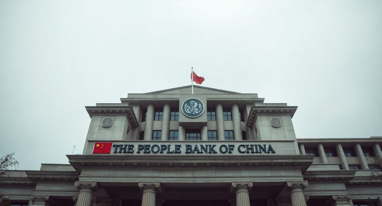 People's Bank of China headquarters in Beijing, with flag, under overcast sky