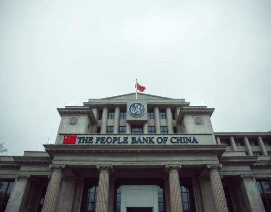 People's Bank of China headquarters in Beijing, with flag, under overcast sky