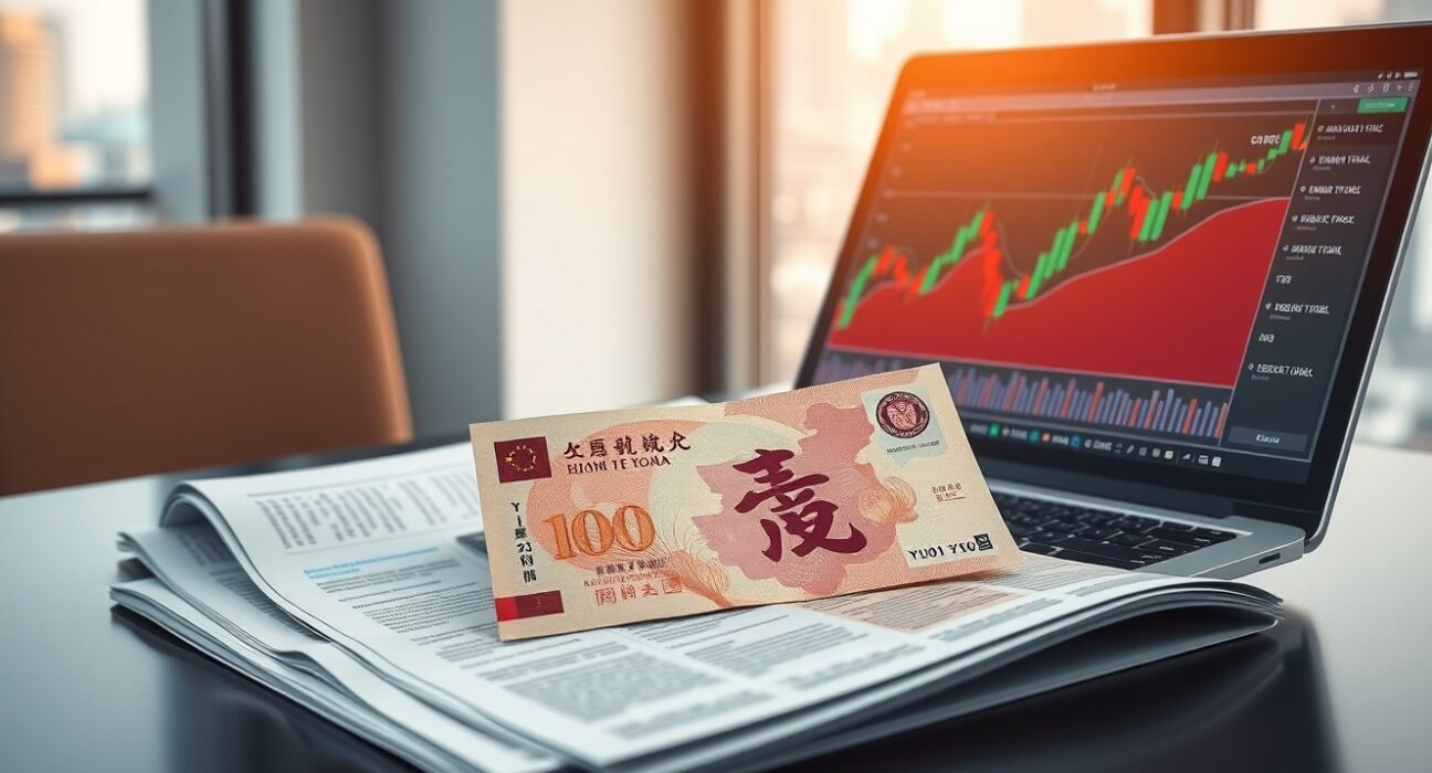 Chinese yuan note and forex chart on a desk, representing PBOC policy and currency market analysis.