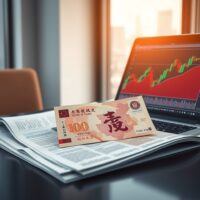 Chinese yuan note and forex chart on a desk, representing PBOC policy and currency market analysis.