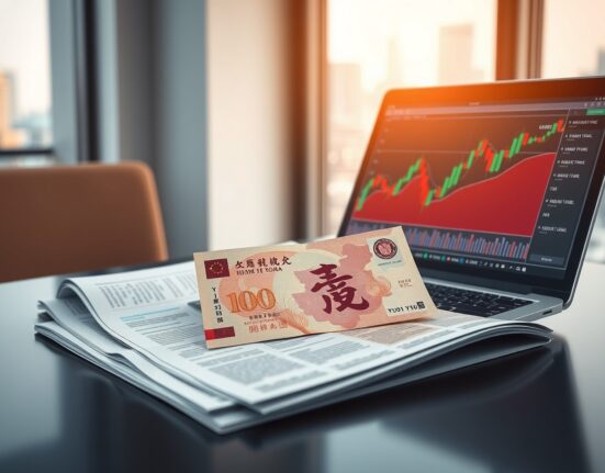 Chinese yuan note and forex chart on a desk, representing PBOC policy and currency market analysis.