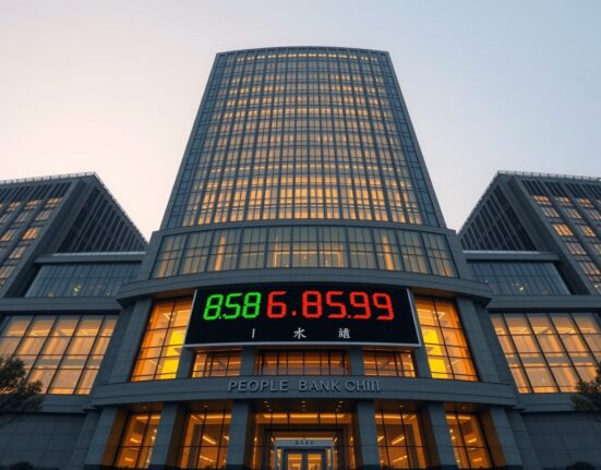 PBOC USD/CNY reference rate at 6.8608 displayed on digital board outside central bank headquarters