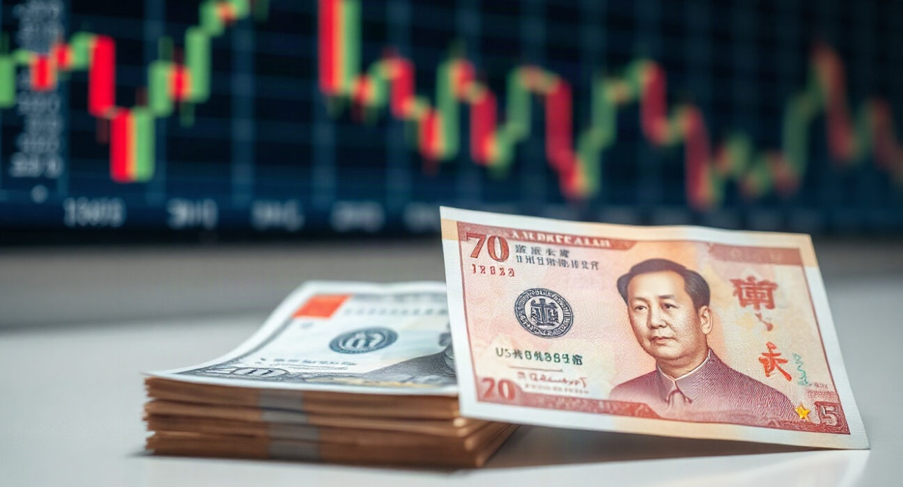 Chinese yuan and US dollar banknotes on a table, representing the USD/CNY exchange rate.