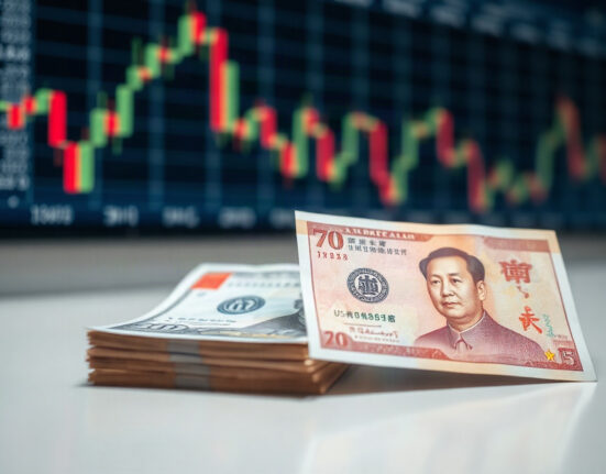 Chinese yuan and US dollar banknotes on a table, representing the USD/CNY exchange rate.