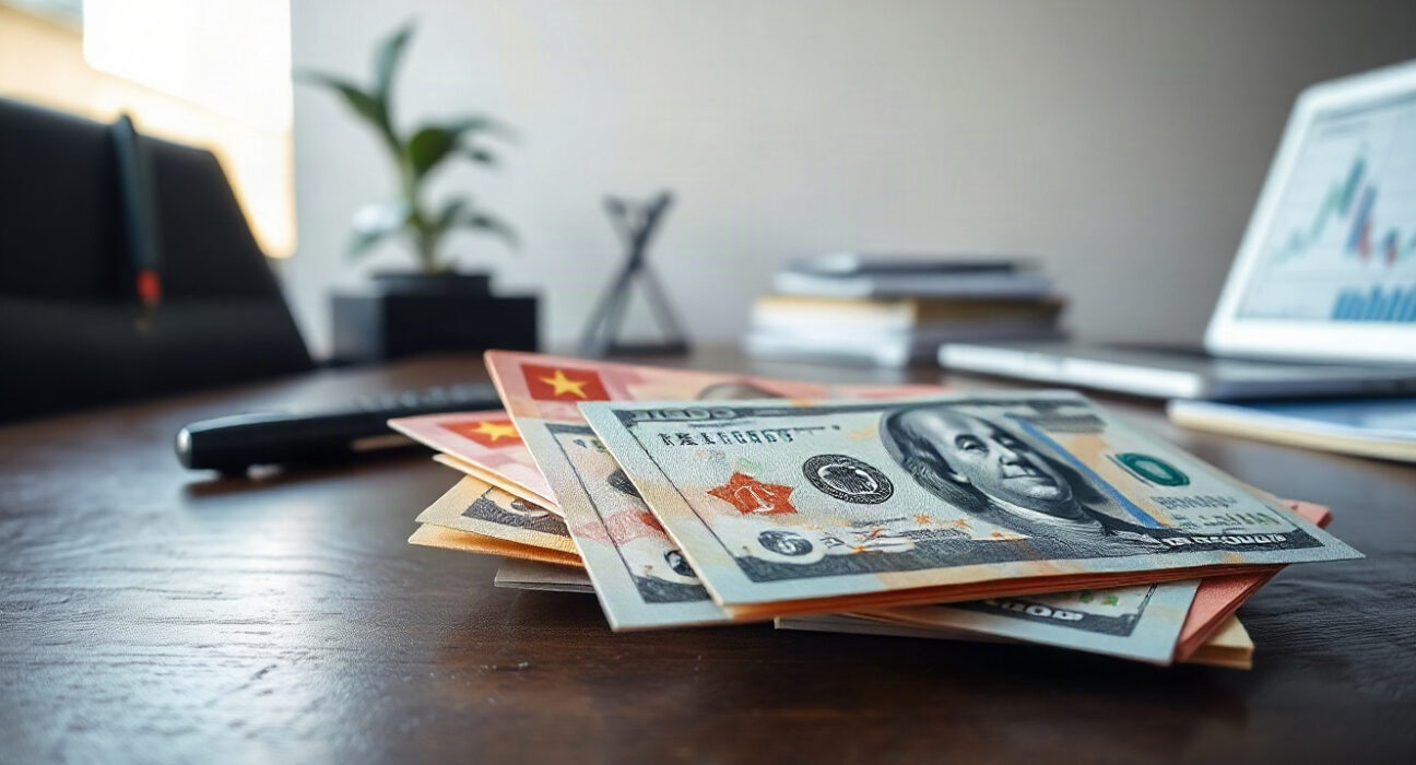 Chinese yuan and US dollar banknotes on a desk, representing the USD/CNY exchange rate.