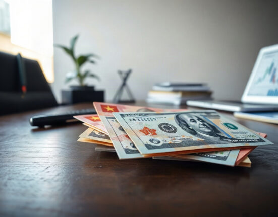 Chinese yuan and US dollar banknotes on a desk, representing the USD/CNY exchange rate.
