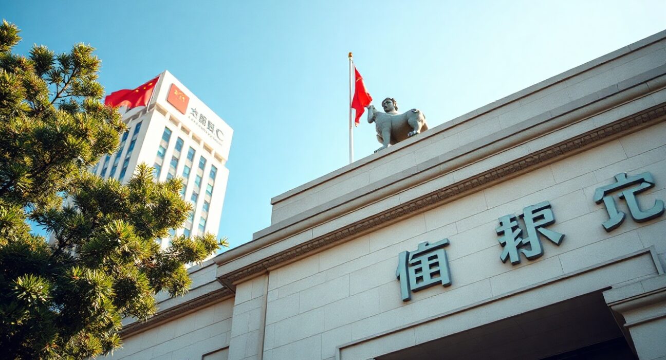 People's Bank of China headquarters in Beijing on a clear day, symbolizing the central bank's exchange rate policy.