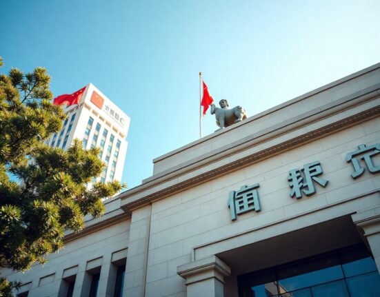 People's Bank of China headquarters in Beijing on a clear day, symbolizing the central bank's exchange rate policy.