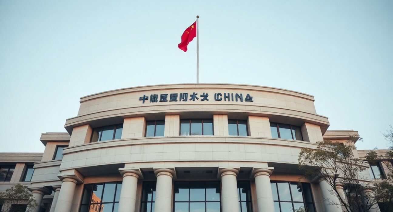 PBOC headquarters in Beijing, with the Chinese flag, representing China's central bank and currency policy.
