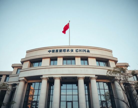 PBOC headquarters in Beijing, with the Chinese flag, representing China's central bank and currency policy.