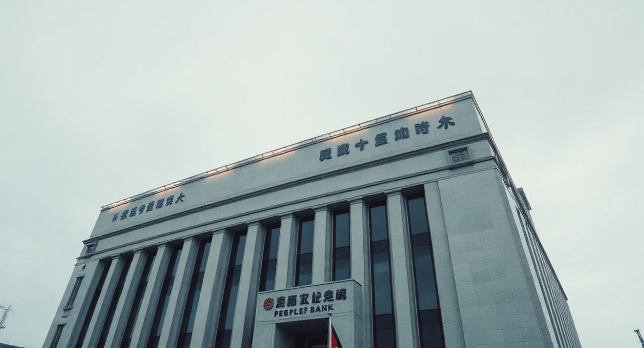 Exterior of the People's Bank of China headquarters in Beijing on an overcast day