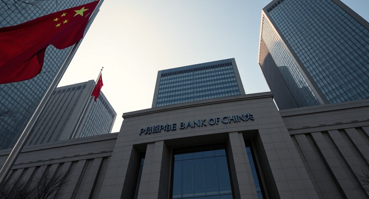 People's Bank of China headquarters in Beijing with national flag