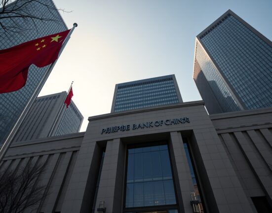 People's Bank of China headquarters in Beijing with national flag