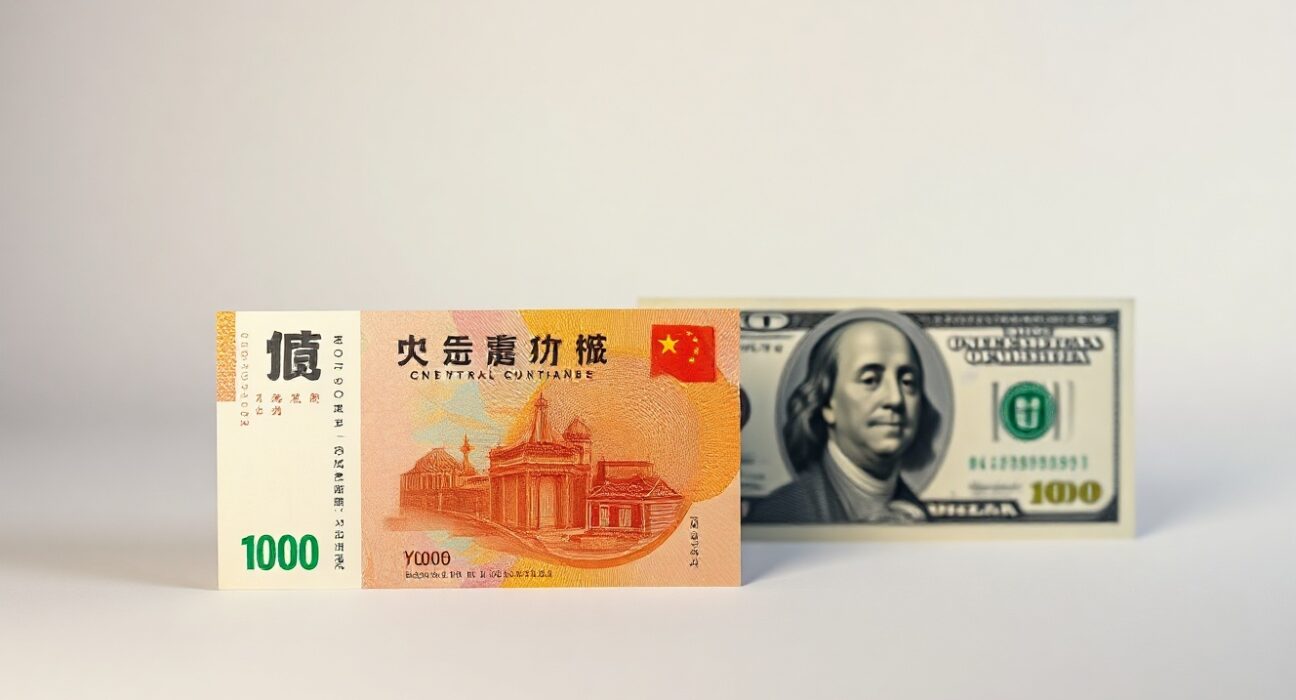 Chinese yuan and US dollar banknotes side by side with a financial chart in background