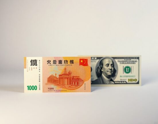 Chinese yuan and US dollar banknotes side by side with a financial chart in background
